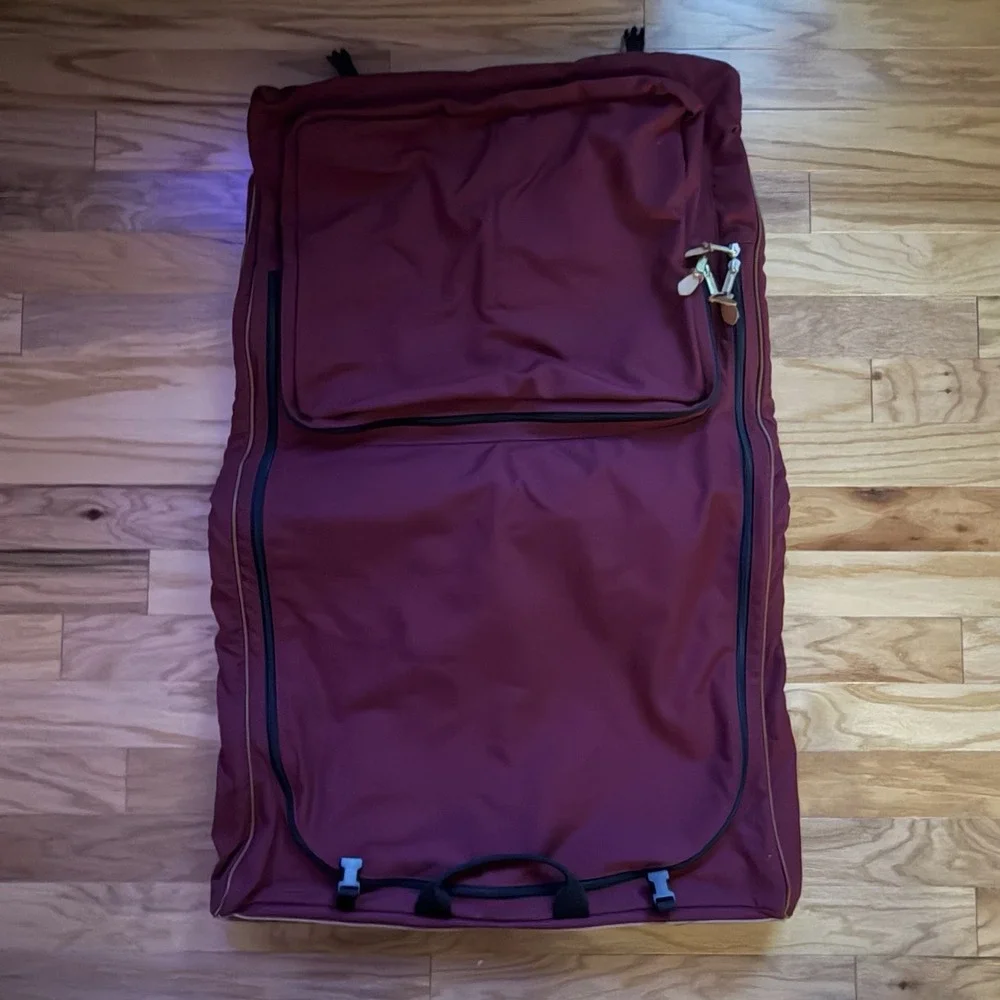 L.L. Bean Garment Bag‎ Burgundy Tan Leather Accents Hanging Travel Bag Vintage